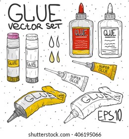 Cartoon doodle set tube of glue vector illustration. 