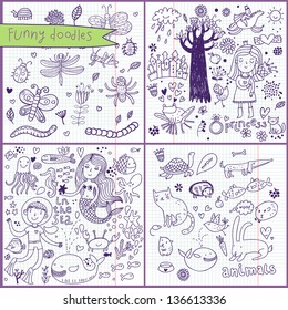 Cartoon doodle set in vector: flower, ring, fishes, princess, diver, squid, crab, frog, worm, caterpillar, spider, butterfly, hedgehog, cat, dog, rabbit, whale, octopus, mermaid and others