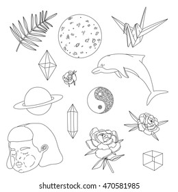 Cartoon doodle set. Vector sketch ready for tattoo or coloring book