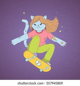 Cartoon doodle skater cat great print on your stuff