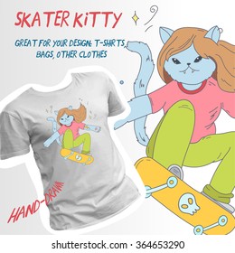 Cartoon doodle skater cat great print on your stuf