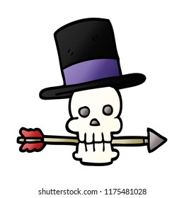 cartoon doodle skull with top hat and arrow