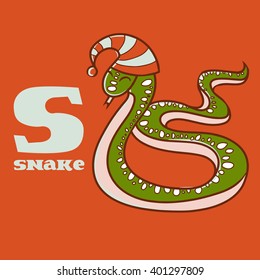 cartoon doodle snake with letter s. part of animal alphabet.
