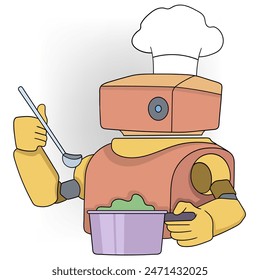 cartoon doodle of the sophistication of artificial intelligence in the future, intelligent robots work as chefs with great skills to beat humans