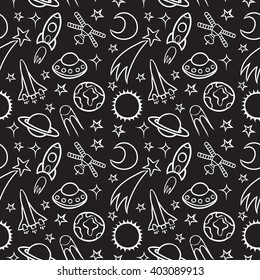 Cartoon doodle space seamless pattern background.