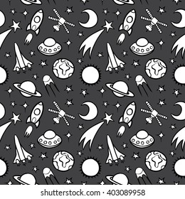 Cartoon doodle space seamless pattern background.