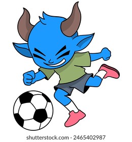 cartoon doodle of sports activities, a horned devil is happily playing soccer dribbling a ball