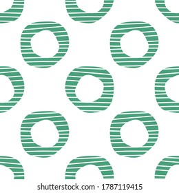 Cartoon doodle striped round geometric shapes seamless pattern. Memphis geo background. Polka dot backdrop. Ring wrapping paper. Vector illustration. 