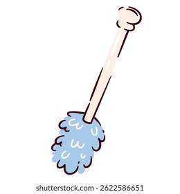 Cartoon doodle style blue cleaning duster with fluffy head and beige wooden handle. Vector illustration of cleaning duster for home, hygiene, or household cleaning design projects.