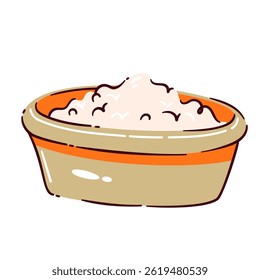 Cartoon doodle style bowl with fluffy cleaning powder inside, in beige and orange colors. Vector sticker illustration of cleaning powder bowl for home care or hygiene design.