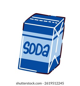 Caixa de estilo doodle desenho animado de bicarbonato de sódio em cor azul, rotulado "soda". Ilustração vetorial de limpeza da caixa de refrigerante para design doméstico, de cozinha ou de higiene.