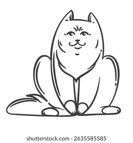 Desenho animado estilo gato contorno, bonito sentado animal de estimação com pelagem macia e uma expressão doce, amigável. Ilustração vetorial de contorno de gato para adesivos, páginas de coloração ou arte infantil. Ilustração vetorial