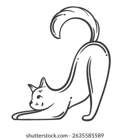 Cartoon doodle style cat outline in stretching pose with big tail and cute face. Vector illustration of playful cat outline for coloring pages, stickers, or kids art.