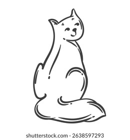 Cartoon doodle style cat outline with curly tail and happy expression. Funny, cute cat outline for coloring pages, stickers, or children crafts. Vector illustration.