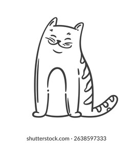 Cartoon doodle style cat outline in funny sitting pose with big striped tail and smiling expression. Cute kitty outline for coloring, stickers, or playful animal art. Vector illustration.