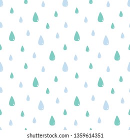 Cartoon, doodle style cute seamless pattern background with rain, water drops.