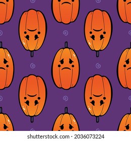 Cartoon doodle style sad carved pumpkin characters vector seamless pattern background for Halloween design.
