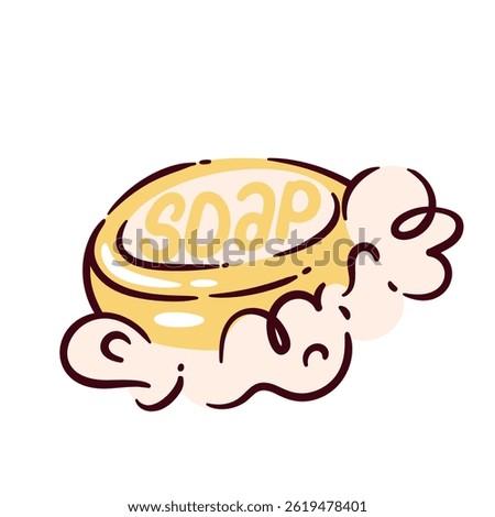 Cartoon doodle style soap bar with fluffy bubbles, drawn in yellow and beige. Vector illustration of soap bar with lather, perfect for cleaning, hygiene, or bathroom design sticker.