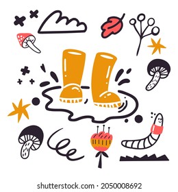 Cartoon doodle style vector illustration with yellow rubber boots,worm, cloud, mushrooms, flower, star and graphic elements. Great design element for sticker, patch, pattern for fabric or poster. 