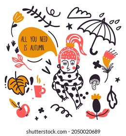 Cartoon doodle style vector illustration with girl, cloud, umbrella, mushrooms, flower, graphic elements. All you need is Autumn. Great design element for sticker, patch, pattern for fabric or poster 