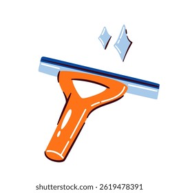 Cartoon doodle style window squeegee with bright orange handle and shiny clean effect. Vector illustration of window squeegee in modern sticker style for cleaning, housework, or hygiene design.