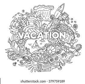 Cartoon Doodle Summer Vacation Design Illustration. Vector Background With Vacation And Travel Objects.