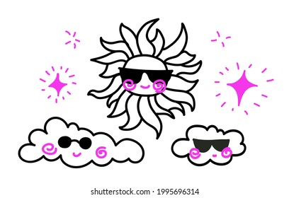 Cartoon doodle sun and clouds with the sunglasses. Cute hand drawn vector illustration isolated on a white background.