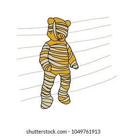 Cartoon doodle, Teddy Bear is a mummy. Vector illustration.