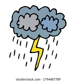 Cartoon doodle thunder cloud with rain isolated on white background. Weather icon in childlike style. Vector illustration. 