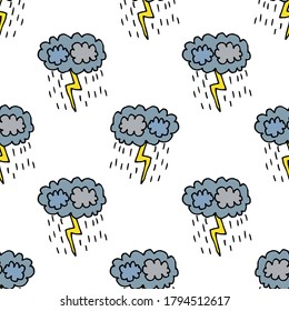 Cartoon doodle thunder cloud with rain seamless pattern. Weather icon in childlike style infinity background. Vector illustration.  