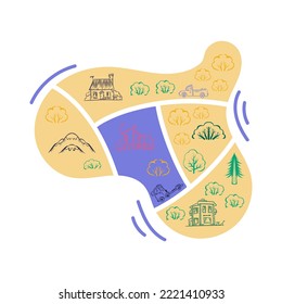 Cartoon doodle town funny map with tiny houses, cars and trees Vector kids illustration