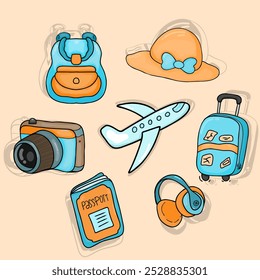 Cartoon Doodle Travel Set with Camera, Suitcase and Airplane