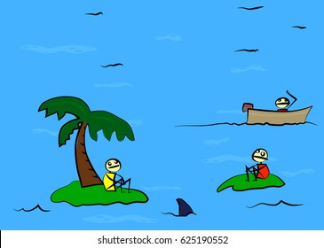 Cartoon doodle two shipwrecked person on deserted island found by a third.
