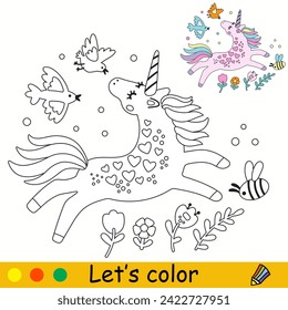 Cartoon doodle unicorn with birds. Kids coloring book page. Unicorn character. Black contour, white background. Vector isolated illustration with color template. For coloring, print, design, stickers