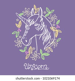 cartoon doodle unicorn portrait with frame of flowers and leaves
