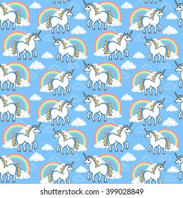 Cartoon doodle unicorn with rainbow and clouds seamless pattern background.