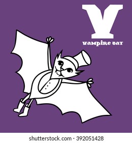 cartoon doodle vampire bat with letter v. part of animal abc.