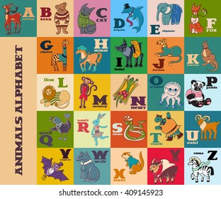 Cartoon doodle vector animals alphabet. 