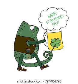 Cartoon doodle vector Chameleon with a glass of beer and a clover celebrating Saint Patrick's Day