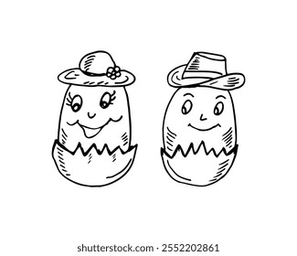 Cartoon doodle vector character of eggs with funny faces wearing hats.
