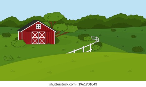 Cartoon doodle vector cute summer or spring farm in countryside. Red barn, white fence, green fields and trees, bushes and plants for animals life background, cards, postcards