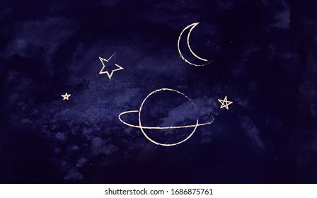 Cartoon Doodle Vector Elements on Watercolor Space Background. Cosmonautics Day