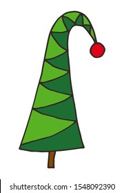Cartoon Doodle vector hand drawn creative Christmas Tree with red ball