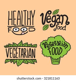 Cartoon doodle vector hand drawn logotype sticker. Healthy food, vegan food, vegetarian, vegetarian food.