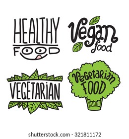 Cartoon doodle vector hand drawn logotype sticker. Healthy food, vegan food, vegetarian, vegetarian food.