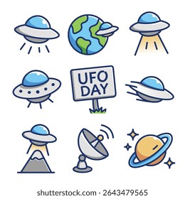 Cartoon doodle vector icons for UFO Day, featuring flying saucers, Earth, satellites, planets, and space elements in flat style. Perfect for alien, science, and space celebration content.
