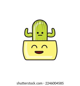 cartoon doodle vector illustration of a cactus in a pot with a cute smile.