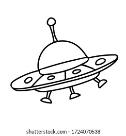 Cartoon doodle vector illustration of Ufo. Banner background with alien spaceship. Futuristic technology concept. Graphic element.