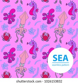 Cartoon doodle vector sea creatures seamless pattern.