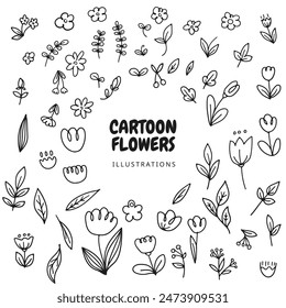 Cartoon doodle vector set of cute hand drawn flowers, leaves, and plants, perfect for summer designs. Ideal for prints, stickers, and decorations, graphics add happiness to any project. Not AI.